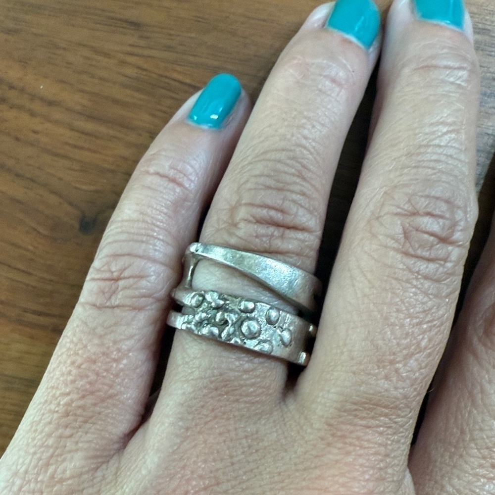 Silver Tone Brutalist Boho Artsy Wide Abstract Ring Minimalist Contemporary SZ 7